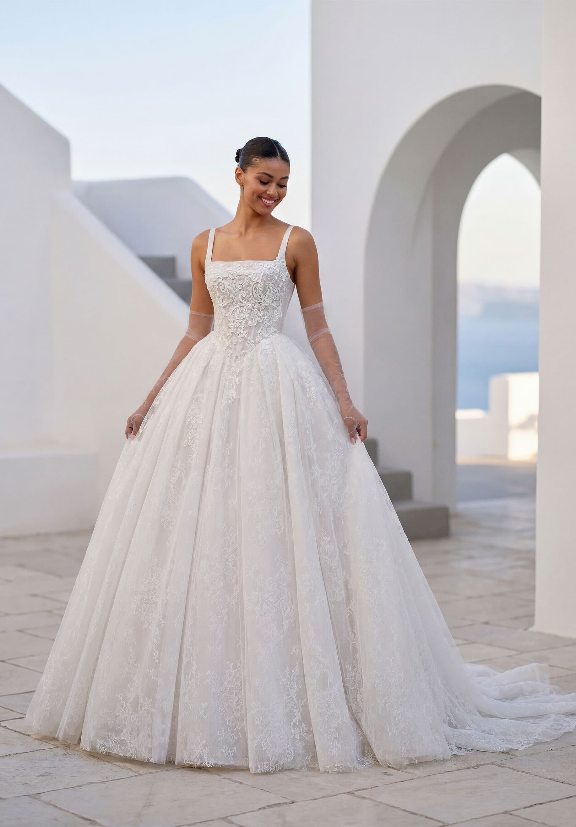 Square neck lace ball gown with sheer tulle sleeves from the Luna collection by Morilee