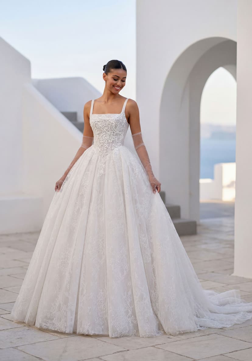 Square neck lace ball gown with sheer tulle sleeves from the Luna collection by Morilee