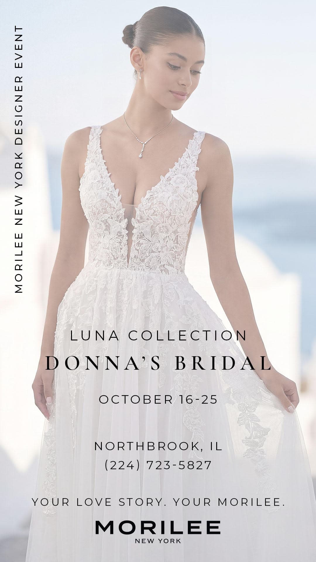Bride in a lace V neck A line gown from the Luna collection by Morilee